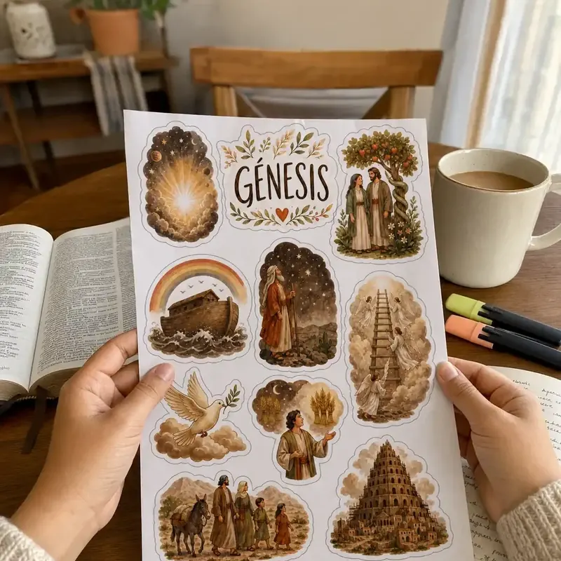 Clienta con la hoja de Génesis junto a su Biblia y su café